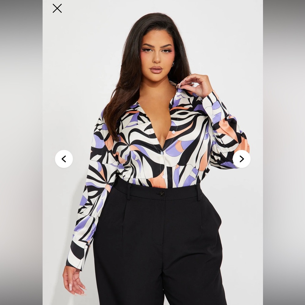 Fashion Nova Abstract Swirl Button-Down Shirt in Black, Lavender & Peach 3X